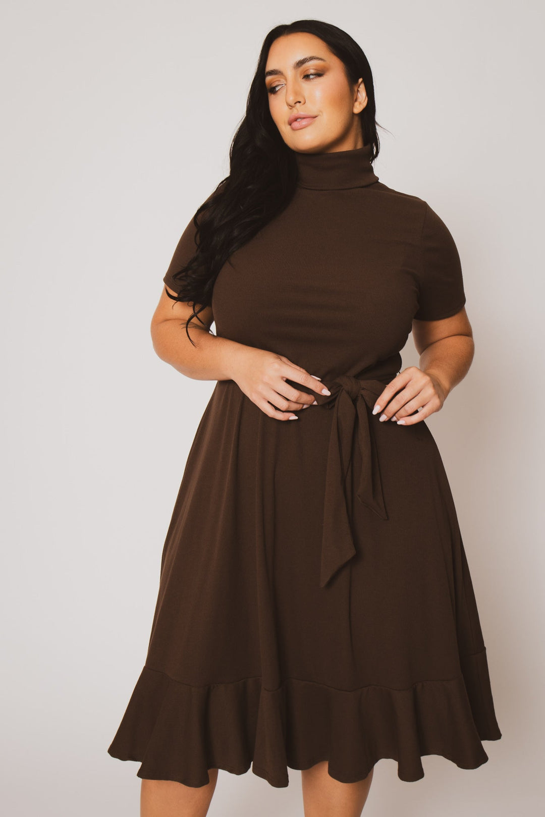 Curvy Sense Dresses Plus Size Maren Turtleneck Ruffle Dress  - Brown