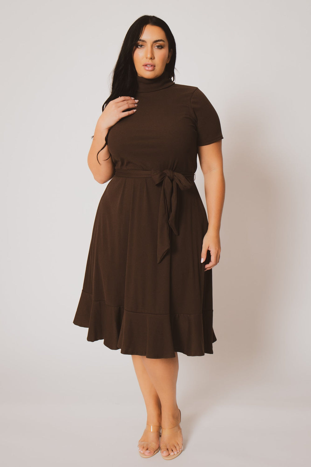 Plus Size Maren Turtleneck Ruffle Dress - Brown 2X / Brown at Curvy Sense Plus Size Maren Turtleneck Ruffle Dress - Brown 2X / Brown at Curvy Sense