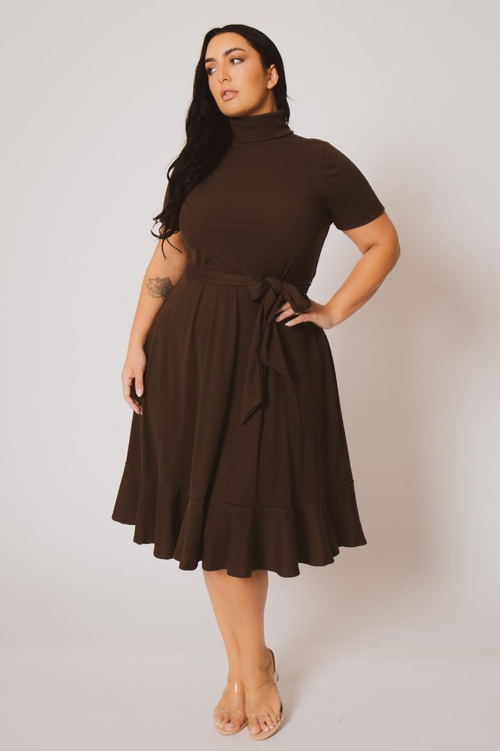Curvy Sense Dresses Plus Size Maren Turtleneck Ruffle Dress  - Brown
