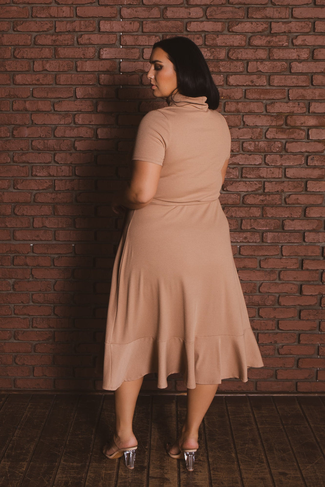 Curvy Sense Inc. Dresses Plus Size Maren Turtleneck Ruffle Dress  - Mocha