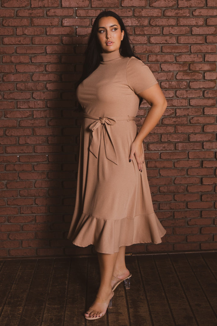 Curvy Sense Inc. Dresses Plus Size Maren Turtleneck Ruffle Dress  - Mocha