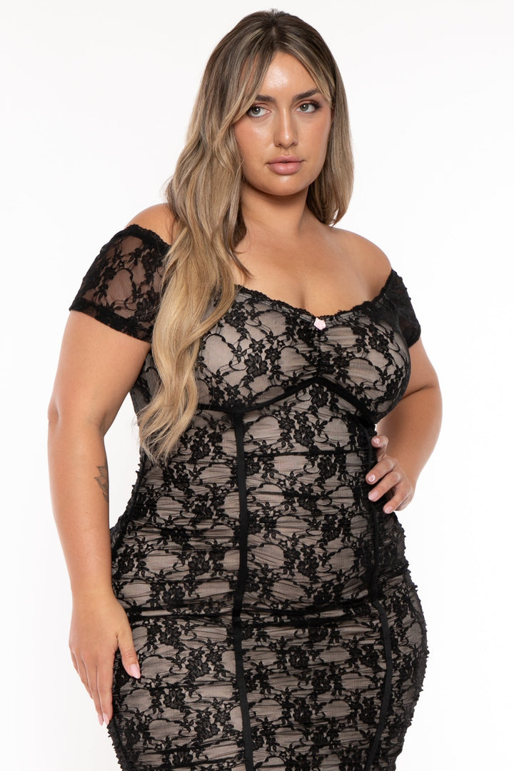Curvy Sense Dresses Plus Size Margaree Lace Bodycon Dress -Black