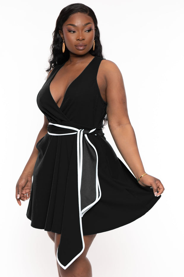 Curvy Sense Dresses Plus Size Marisa Front Tie  Flare Dress- Black