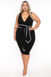 Curvy Sense Dresses 1X / Black Plus Size Marisa Front Tie  Midi Dress- Black