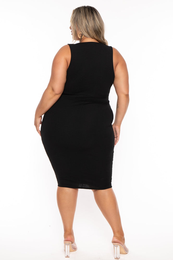 Curvy Sense Dresses Plus Size Marisa Front Tie  Midi Dress- Black