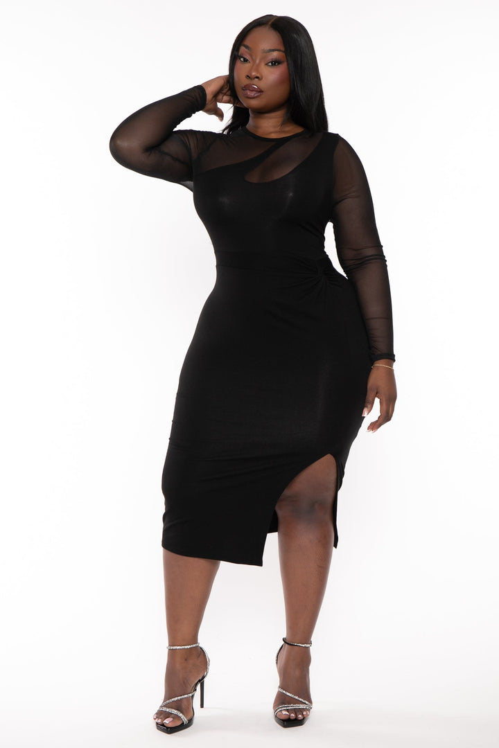 Curvy Sense Dresses 1X / Black Plus Size Maryam Mesh Inset   Midi Dress- Black