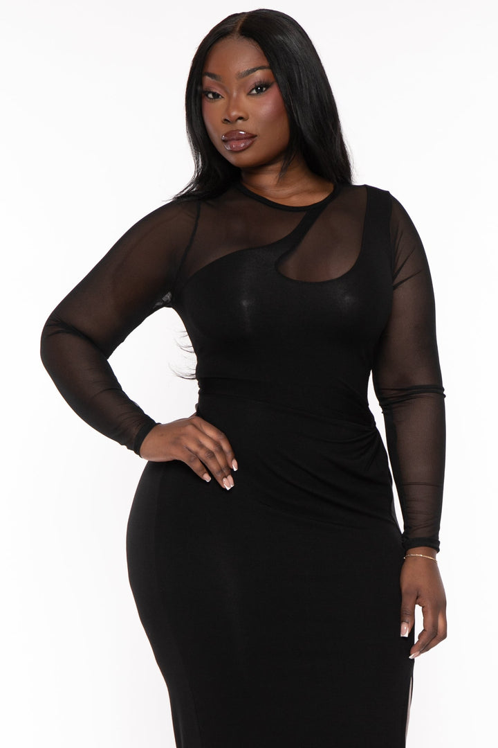 Curvy Sense Dresses Plus Size Maryam Mesh Inset   Midi Dress- Black