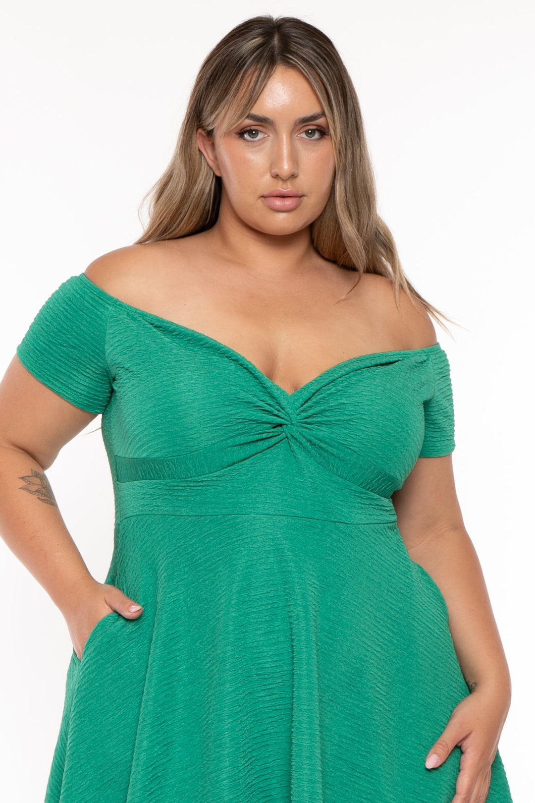 Curvy Sense Dresses Plus Size Maryliz Front Twist Flare Dress - Green