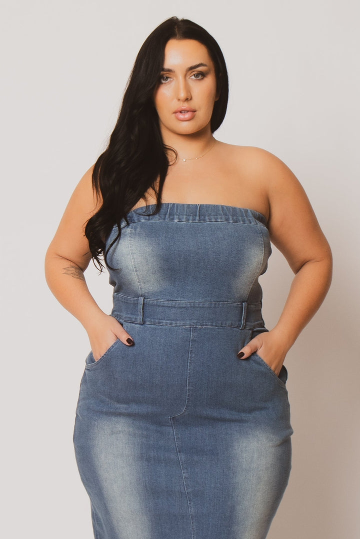 Blue Leopard Dresses Plus Size  Maven Strapless Denim Dress - Light Wash