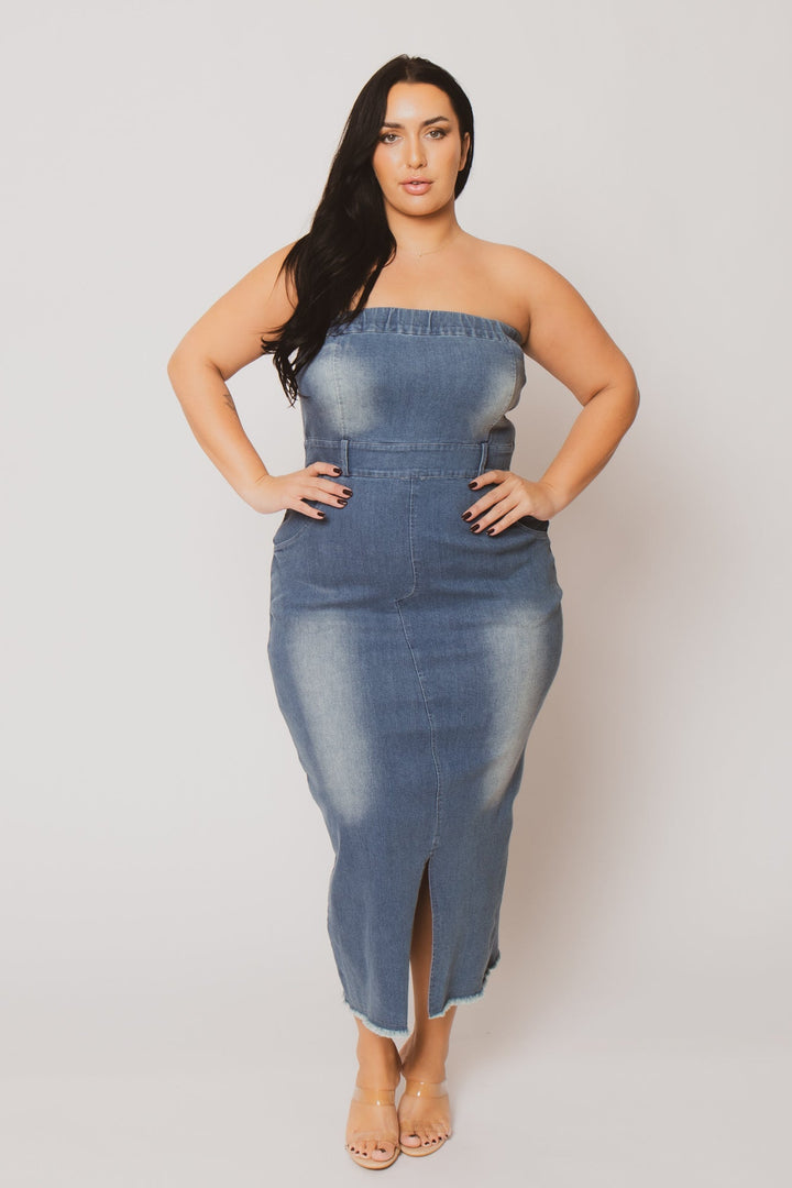 Blue Leopard Dresses Plus Size  Maven Strapless Denim Dress - Light Wash