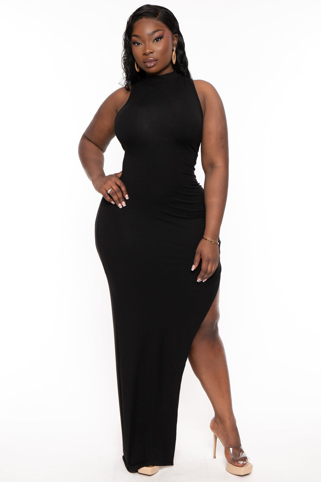 Curvy Sense Dresses 1X / Black Plus Size Melania Mock Neck Maxi Dress - Black