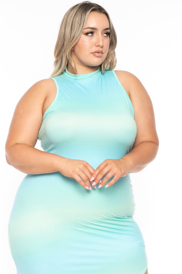 Curvy Sense Dresses Plus Size Melania Tie Dye Maxi Dress -Aqua