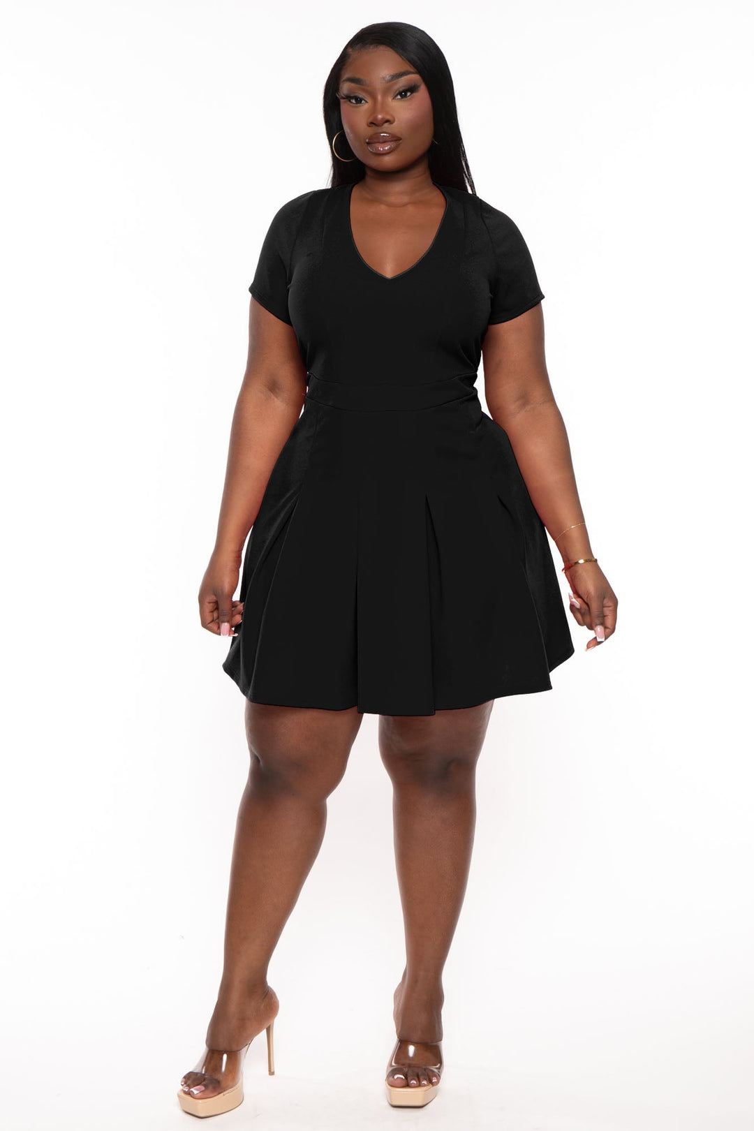 Curvy Sense Dresses 1X / Black Plus Size  Meline Pleated Dress- Black