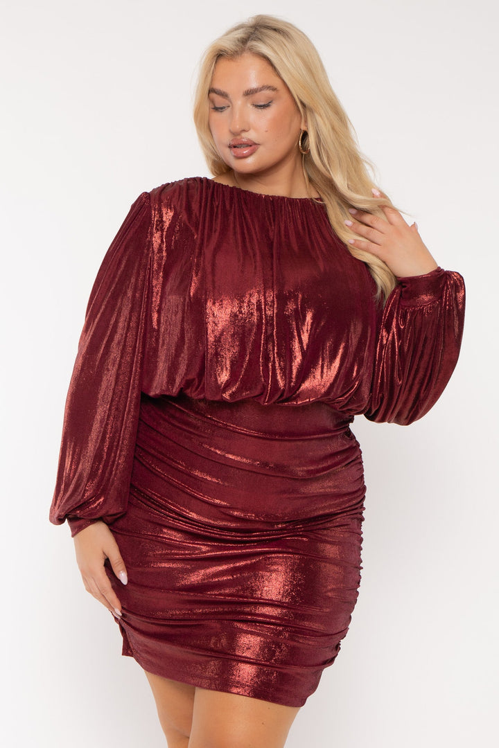 SYMPHONY Dresses Plus Size Metallic Foil Mini  Dress- Burgundy