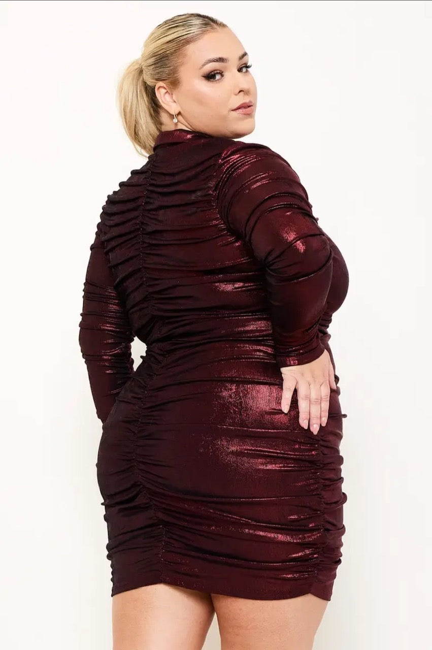 Plus Size Metallic Ruched Shirt Dress- Burgundy 1X / Burgundy at Curvy Sense Plus Size Metallic Ruched Shirt Dress- Burgundy 1X / Burgundy at Curvy Sense
