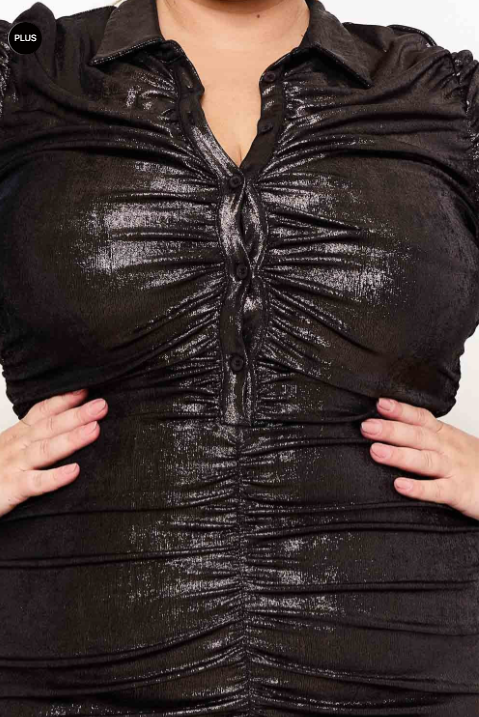 Women's Plus Size Metallic Ruched Shirt Dress- Gunmetal - Curvy Sense Women's Plus Size Metallic Ruched Shirt Dress- Gunmetal - Curvy Sense