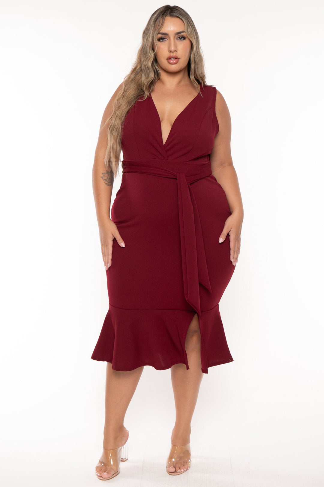 Curvy Sense Dresses Plus Size Mila Ruffle Hem Dress -Burgundy