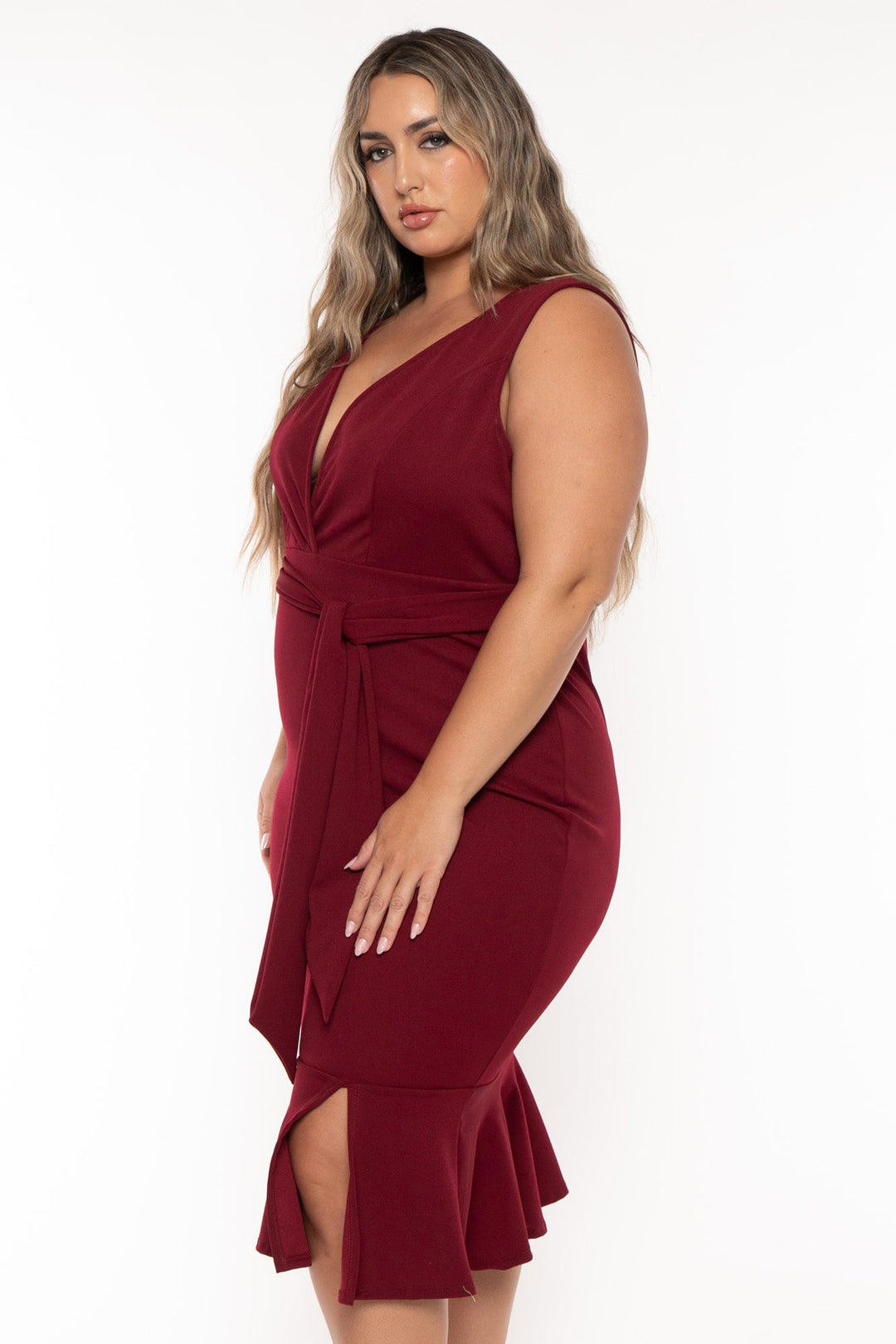 Curvy Sense Dresses Plus Size Mila Ruffle Hem Dress -Burgundy