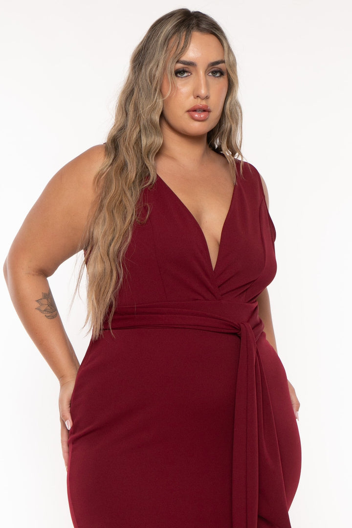 Curvy Sense Dresses Plus Size Mila Ruffle Hem Dress -Burgundy