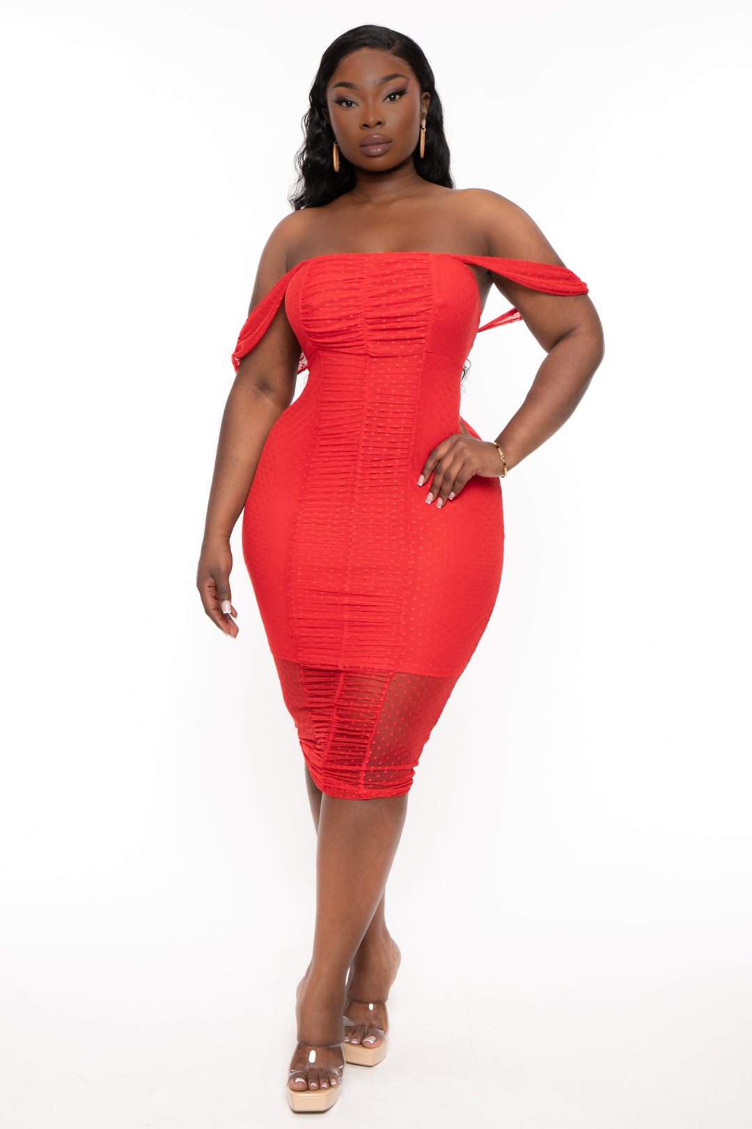 Curvy Sense Dresses Plus Size Mildred Off The Shouder Midi Dress - Red