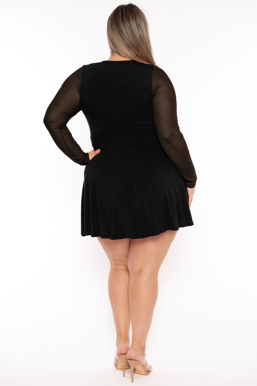 Curvy Sense Dresses Plus Size Miriam Mesh Inset  Flare Dress- Black