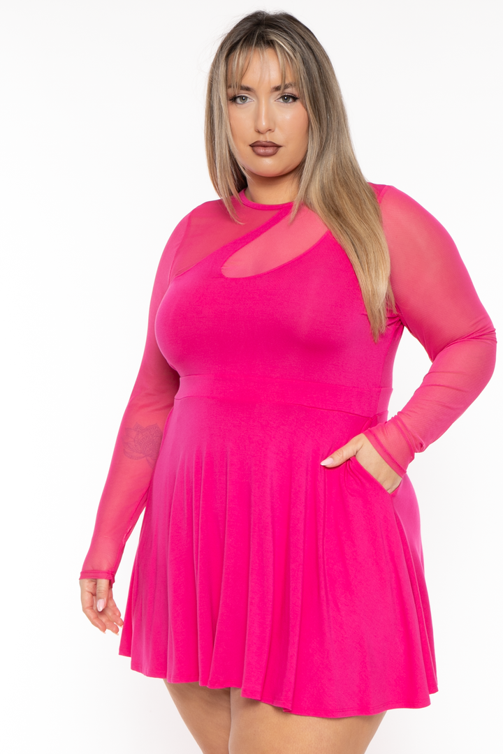 Curvy Sense Dresses Plus Size Miriam Mesh Inset  Flare Dress- Pink