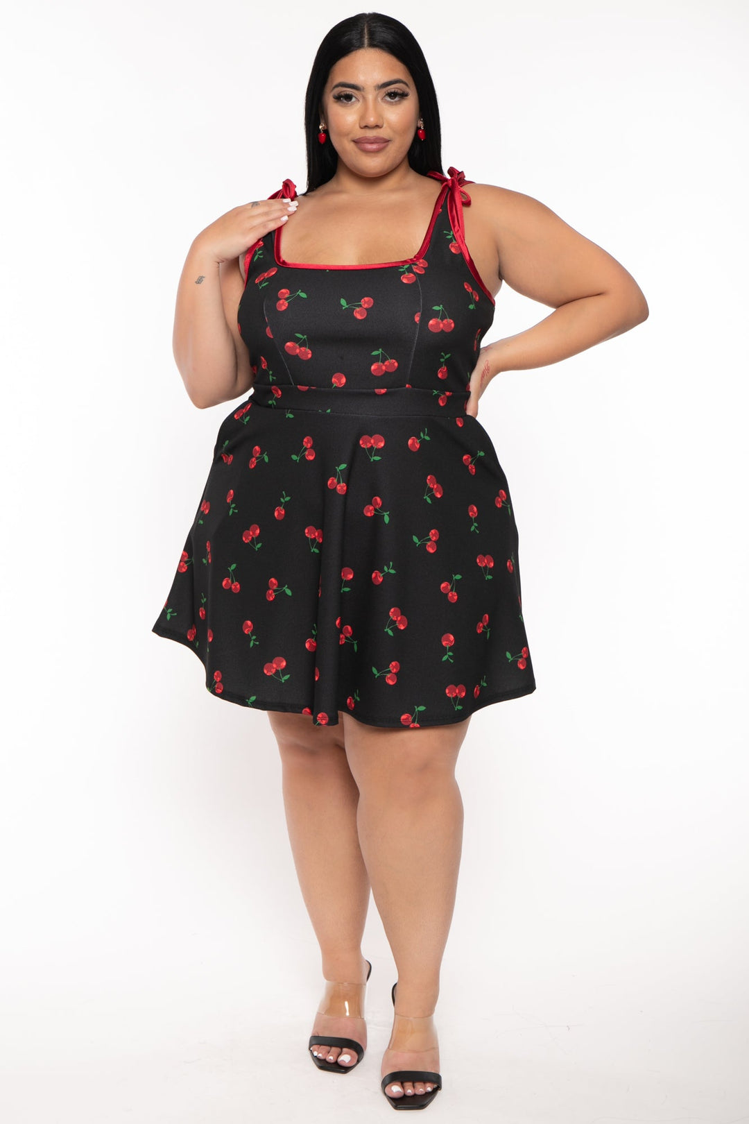 Curvy Sense Dresses Plus Size Mirsa Cherry  Flare  Dress- Black