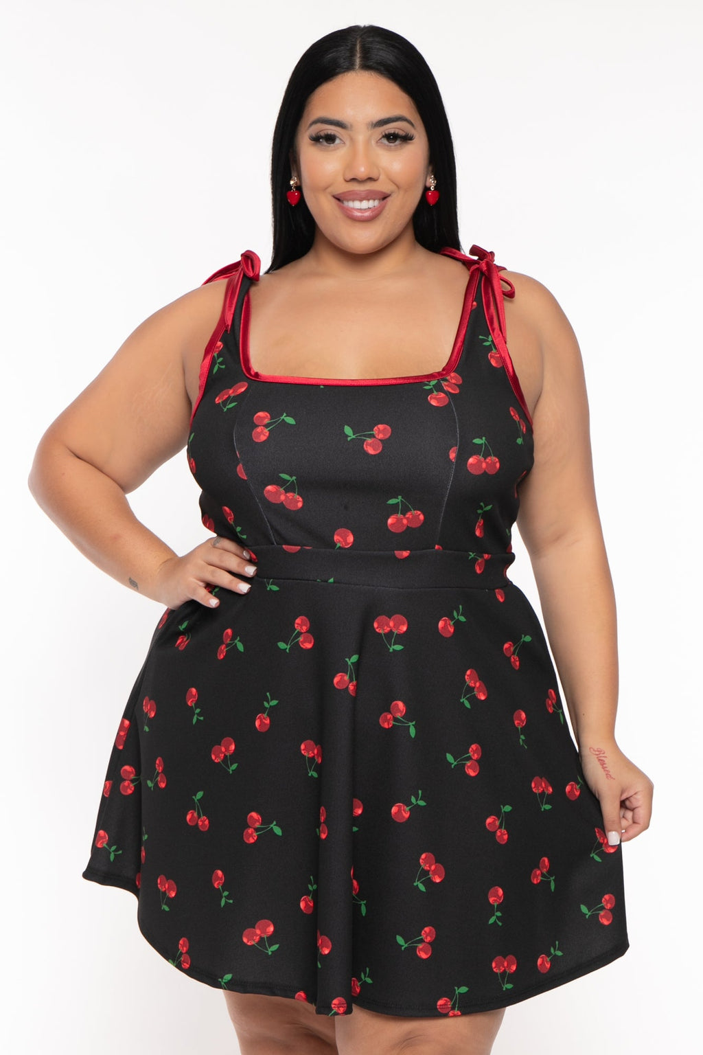 red and black dress plus size YOURS Plus Size Black & Red Floral Tie Neck Mini Dress