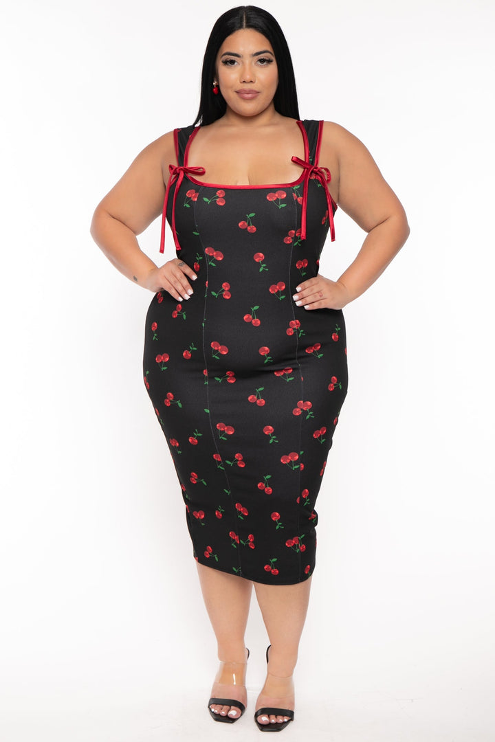 Curvy Sense Dresses Plus Size Mirsa Cherry Midi Dress- Black
