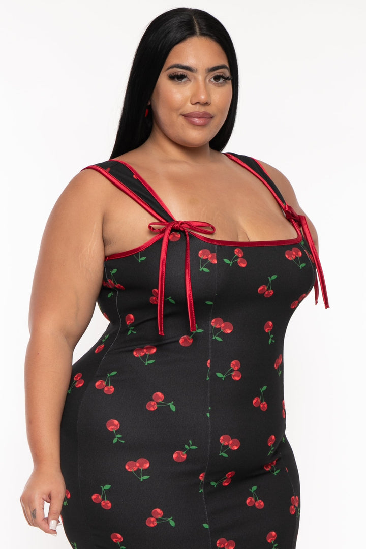 Curvy Sense Dresses Plus Size Mirsa Cherry Midi Dress- Black