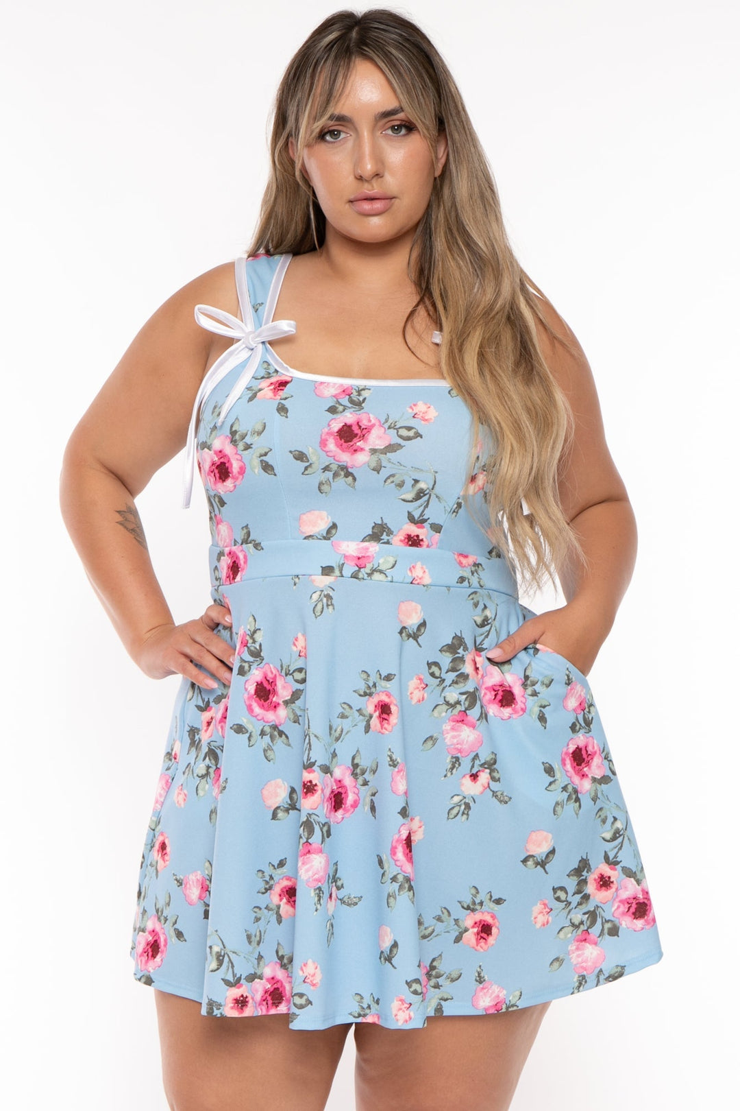 Curvy Sense Dresses Plus Size Mirsa Floral Flare  Dress- Blue