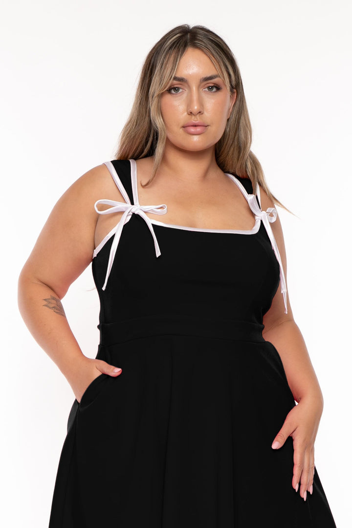 Curvy Sense Dresses Plus Size Mirsa Ribbon Flare  Dress- Black