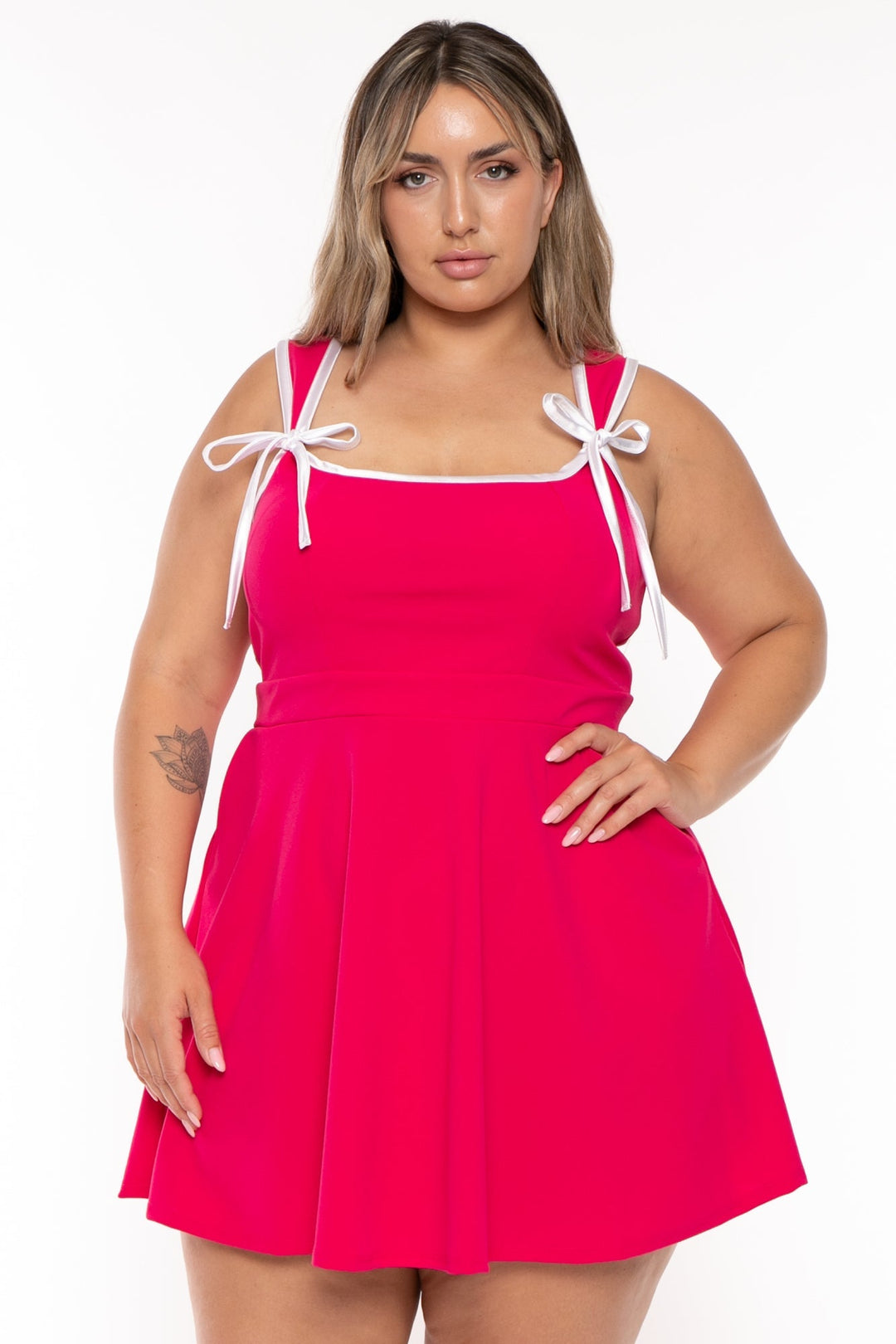 Curvy Sense Dresses Plus Size Mirsa Ribbon Flare  Dress- Fuchsia