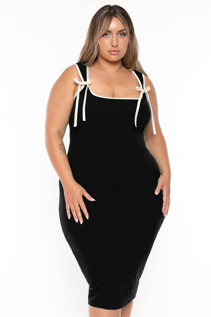 Curvy Sense Dresses Plus Size Mirsa Ribbon  Midi Dress- Black