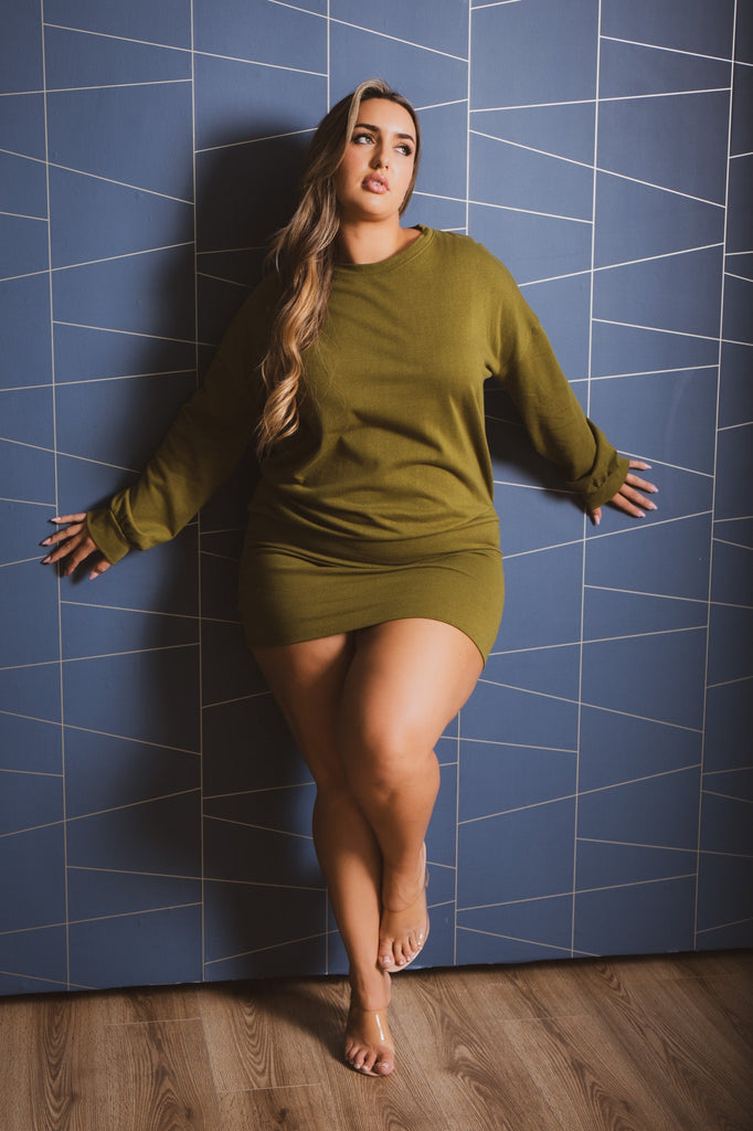 Women's Plus Size Monika Fitted Band Mini Dress - Olive - Curvy Sense