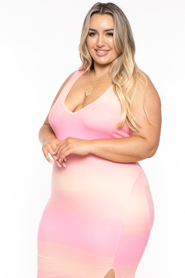Curvy Sense Dresses Plus Size Must Have Bodycon Ombre Print Dress - Pink