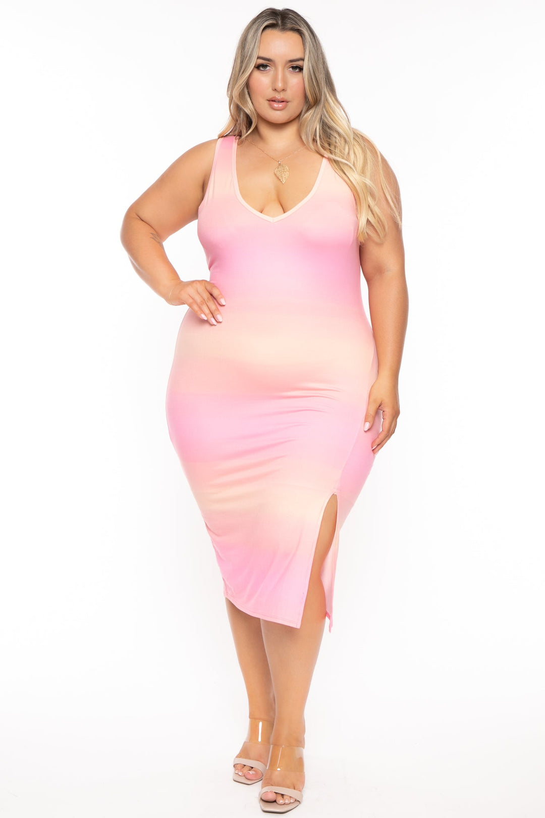 Curvy Sense Dresses 1X / Pink Plus Size Must Have Bodycon Ombre Print Dress - Pink