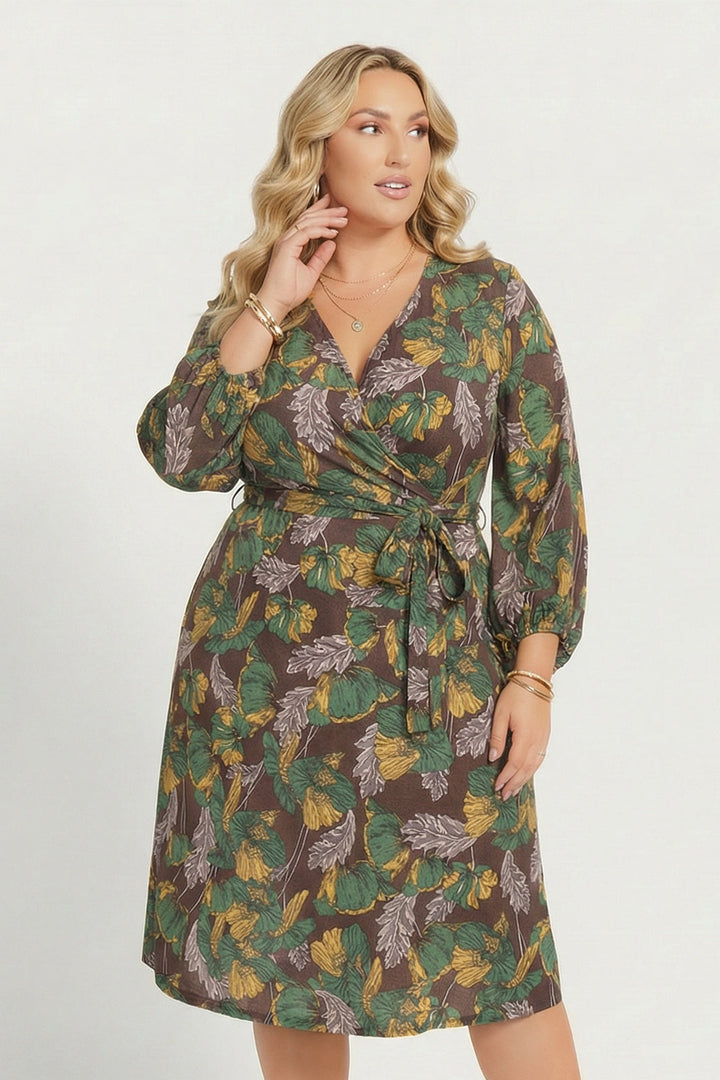 Jade By Jane Dresses Plus Size Myana Floral Print Midi Dress- Brown