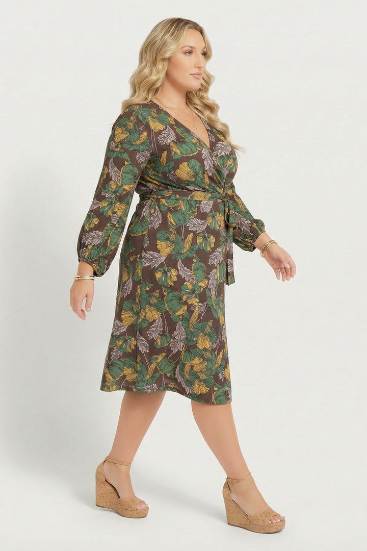 Jade By Jane Dresses Plus Size Myana Floral Print Midi Dress- Brown