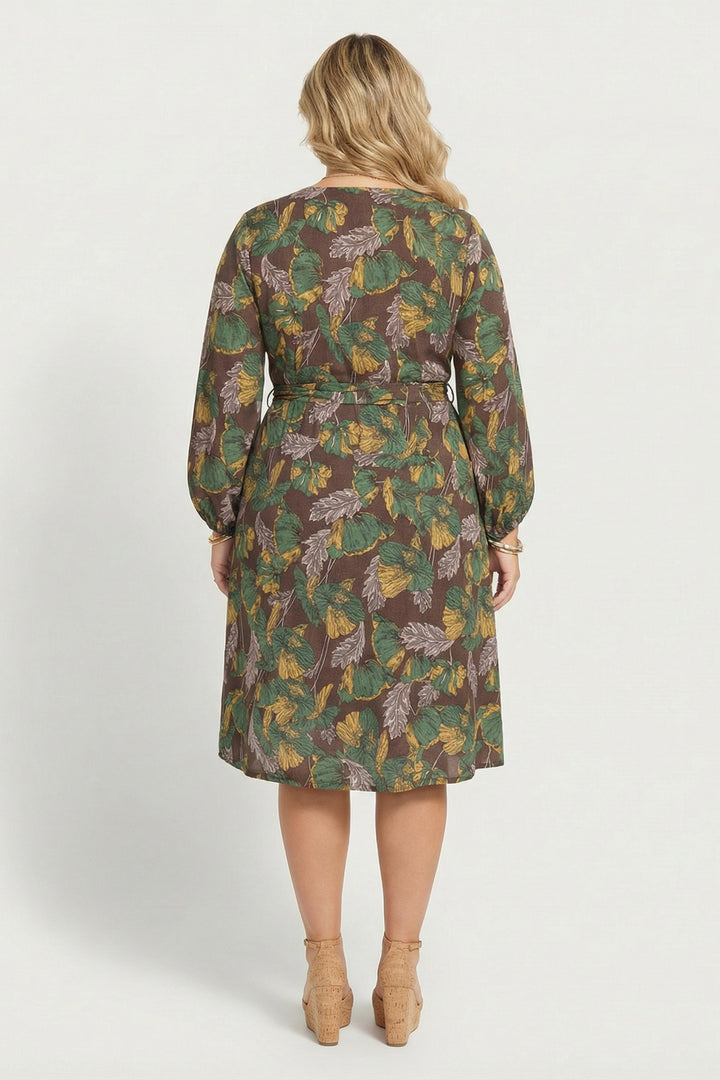Jade By Jane Dresses Plus Size Myana Floral Print Midi Dress- Brown