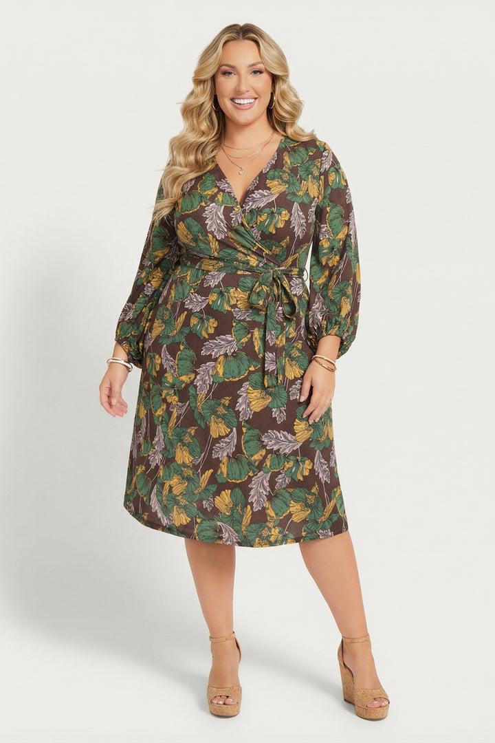 Jade By Jane Dresses Plus Size Myana Floral Print Midi Dress- Brown