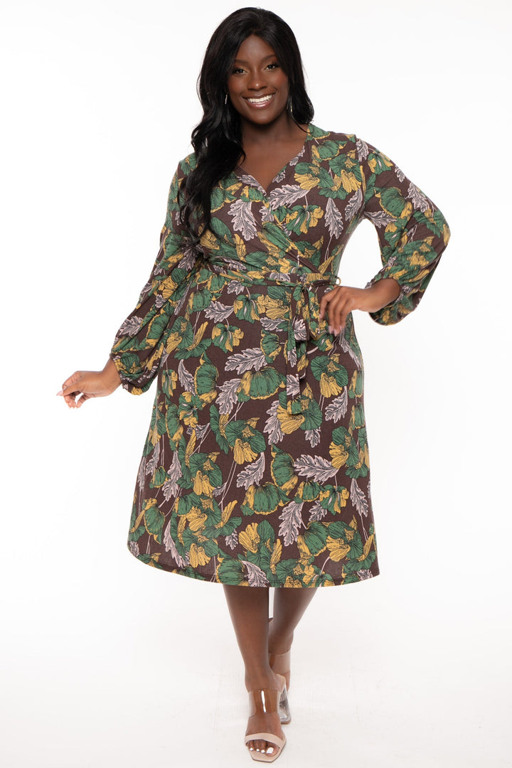 Jade By Jane Dresses Plus Size Myana Floral Print Midi Dress- Brown