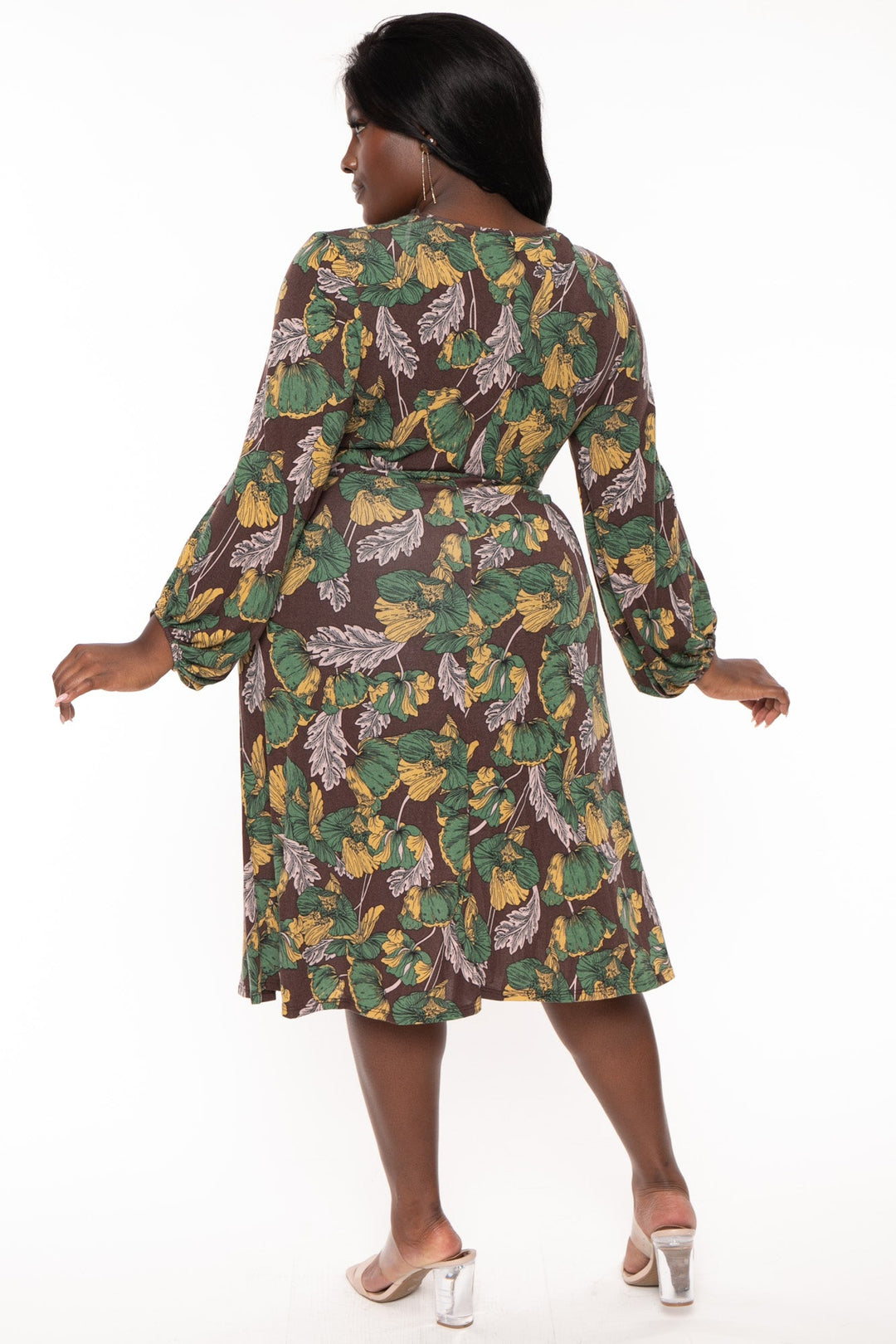 Jade By Jane Dresses Plus Size Myana Floral Print Midi Dress- Brown