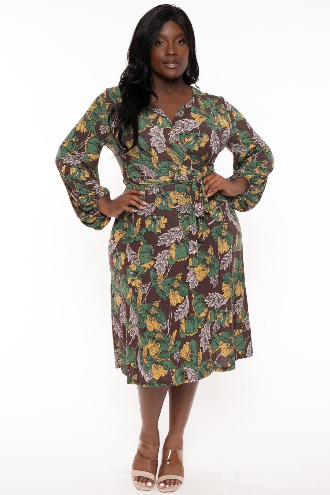 Jade By Jane Dresses Plus Size Myana Floral Print Midi Dress- Brown