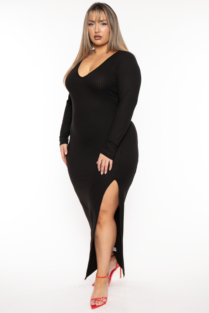Curvy Sense Dresses Plus Size Nadya Ribbed  Maxi Dress -  Black