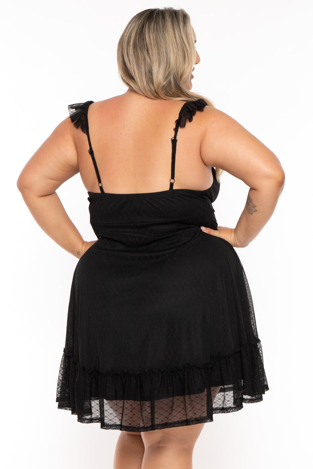 Curvy Sense Dresses Plus Size Nellie Lace Mesh Ruffle Flare Dress - Black