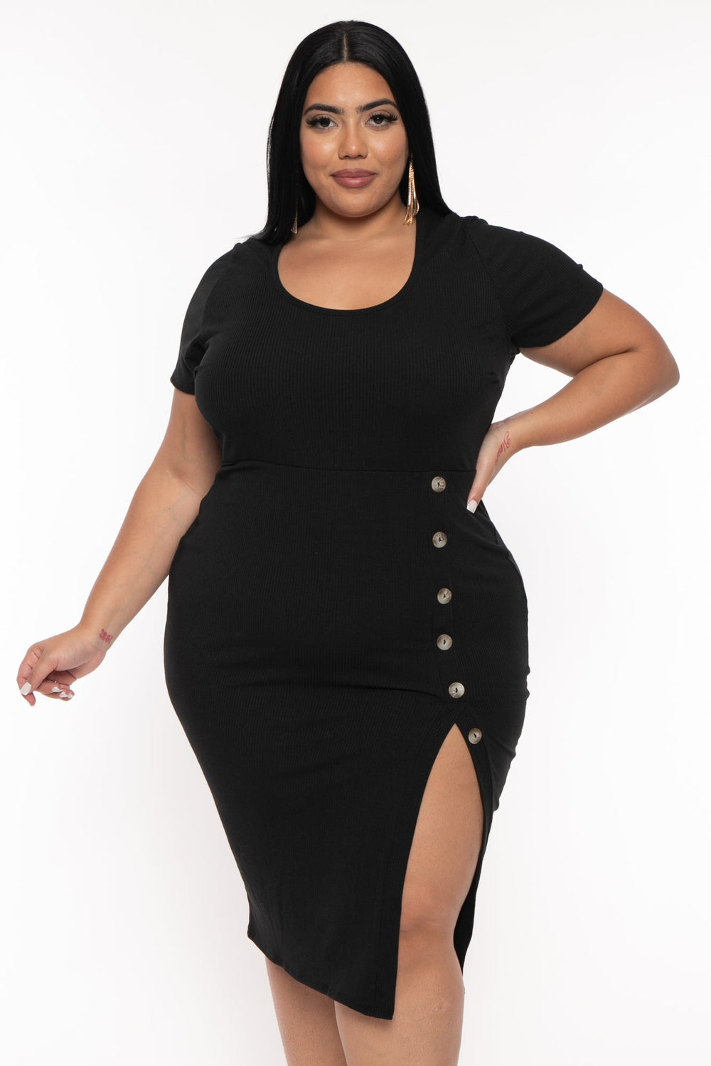 Curvy Sense Dresses Plus Size Nena  Ribbed Midi Dress - Black