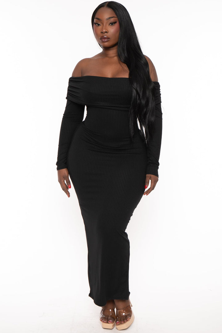 Curvy Sense Dresses 1X / Black Plus Size Nerida Off Shoulder  Maxi Dress -  Black
