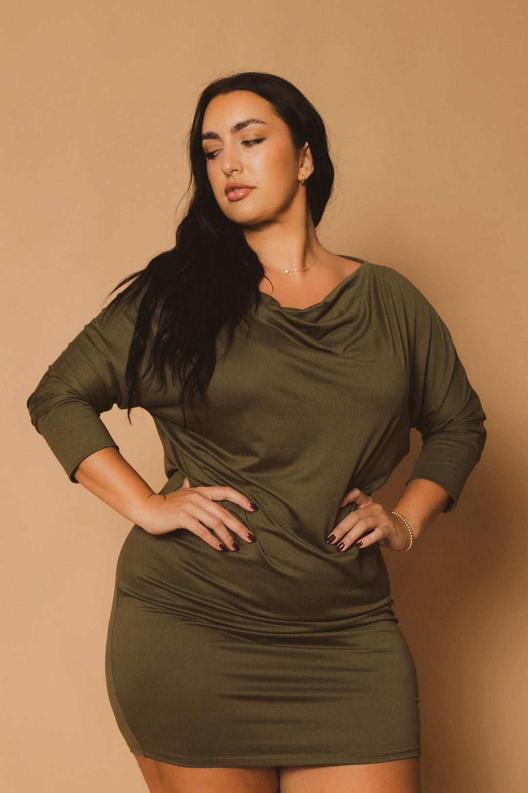 Plus Size Noir Cowl Neck Dress - Olive 3X / Olive at Curvy Sense Plus Size Noir Cowl Neck Dress - Olive 3X / Olive at Curvy Sense