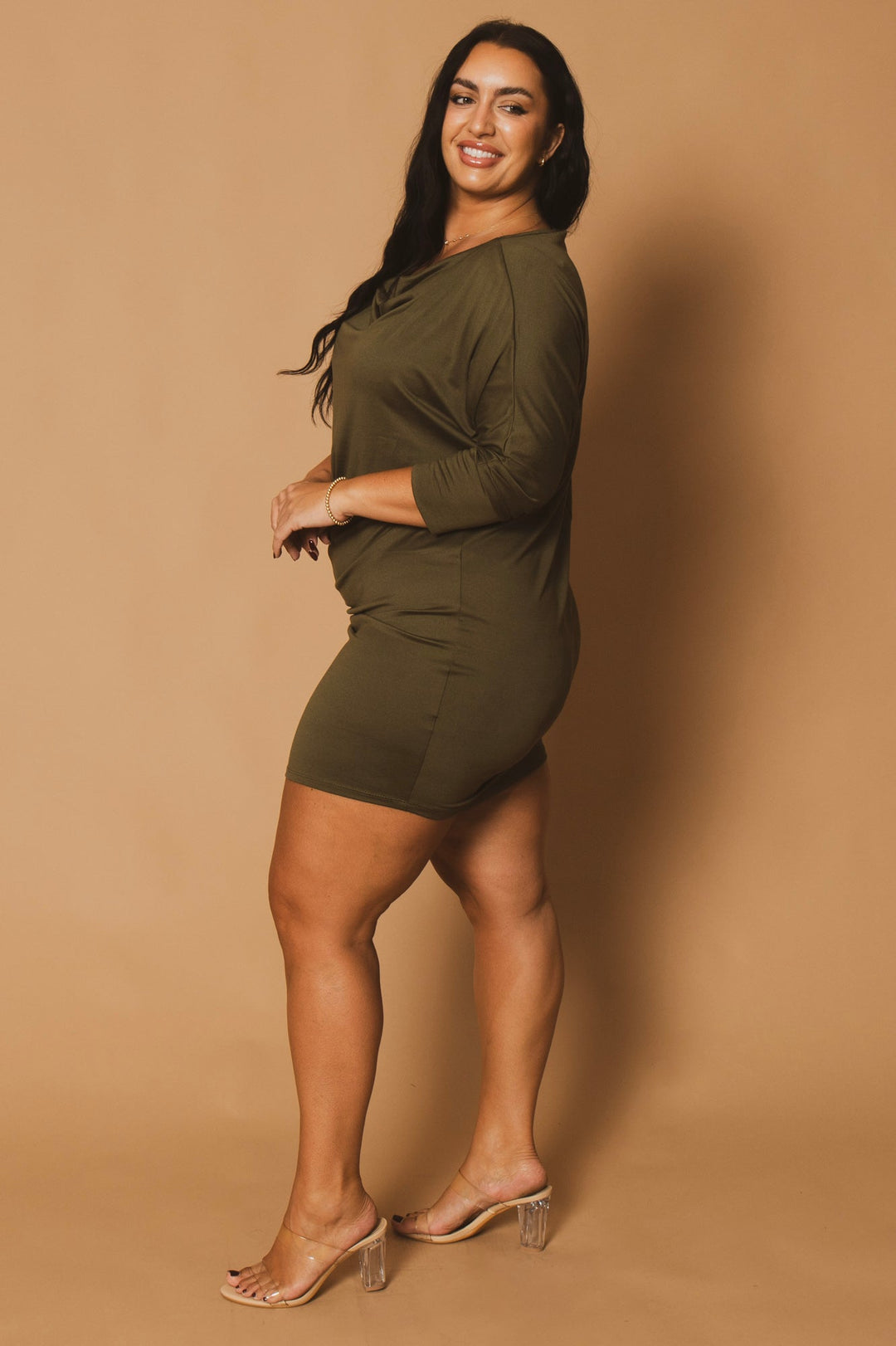 Plus Size Noir Cowl Neck Dress - Olive 3X / Olive at Curvy Sense Plus Size Noir Cowl Neck Dress - Olive 3X / Olive at Curvy Sense